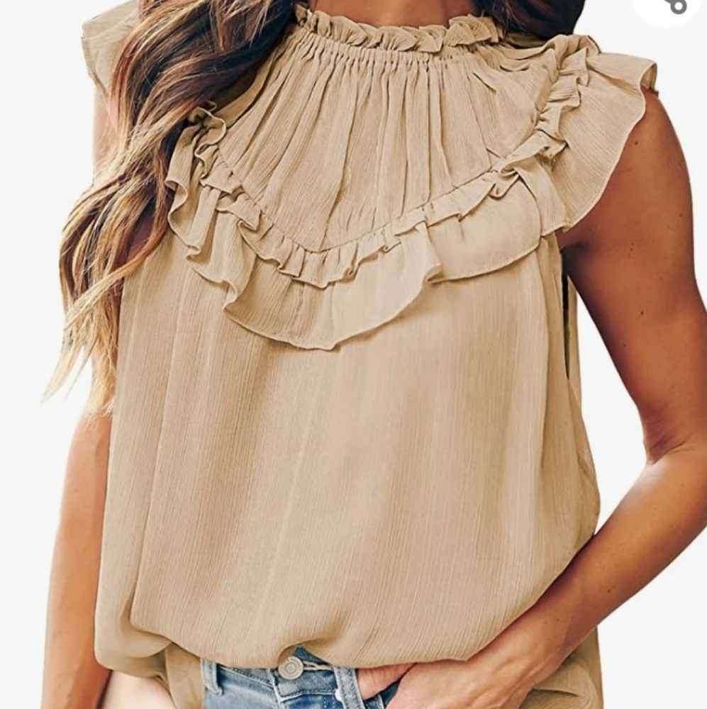 Sleeveless Lined Ruffle Neck Chiffon Blouse Taupe Large
